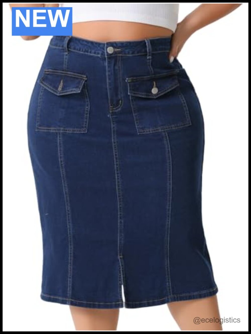 Plus Size Denim Skirt High Waist Pencil Knee-Length Cotton Blend